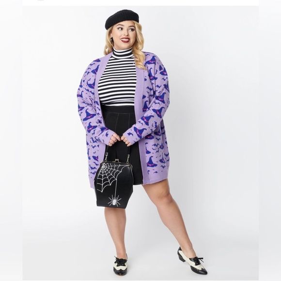 Unique Vintage Sweaters - Halloween Plus-Size Cardigan by Magnolia Place, Purple and Navy Witches Hat NEW